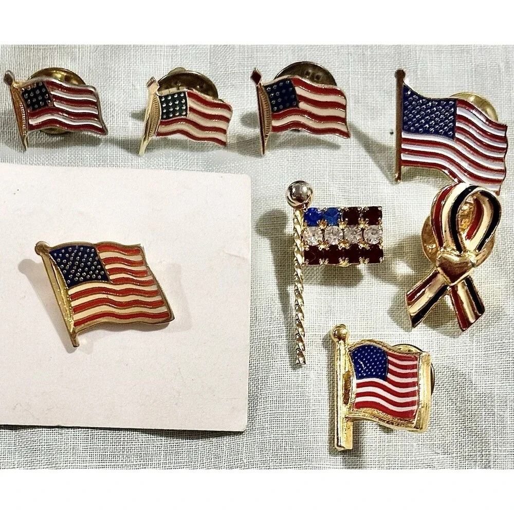 Lot 8 American Flag USA Patriotic Lapel Pins Red White Blue Enamel Brooch Pins